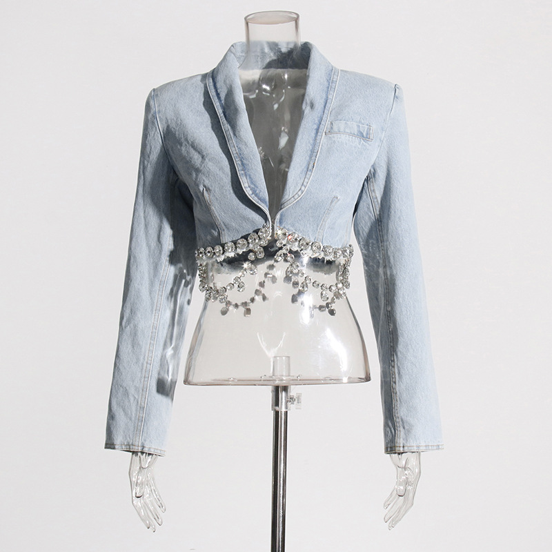 Personality Short Cropped Outfit Slimming Denim Top Hip Wrapped Skirt Diamond Embedded Denim Suit Women