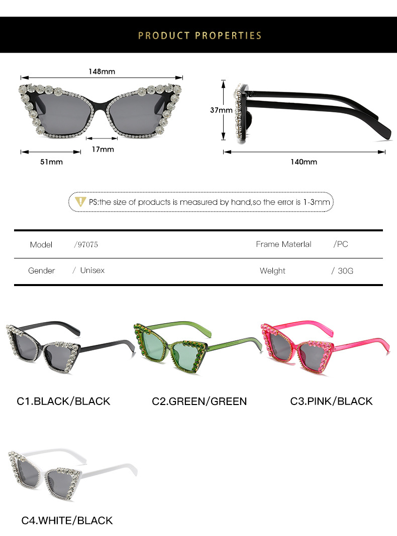 Party Occasion Fashion Solid Color Ac UV400 Protection Cat Eye Diamond Full Frame Women's Sunglasses