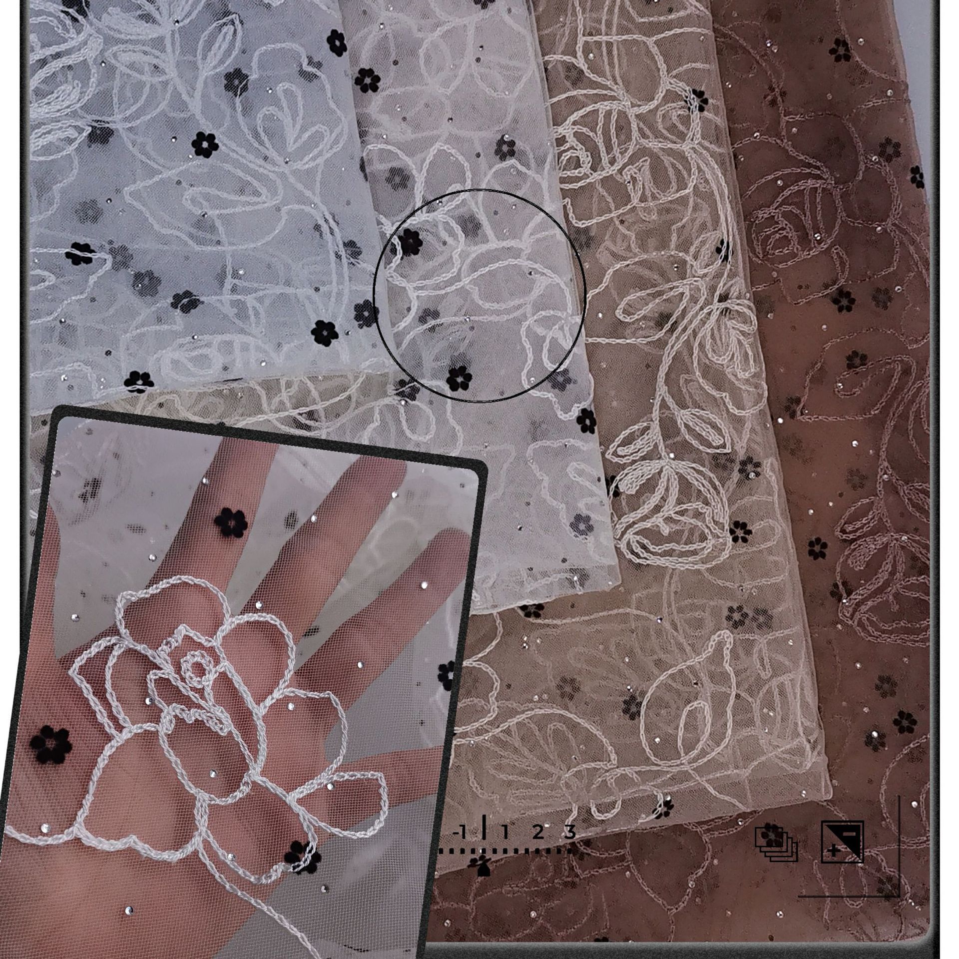 新款现货~仙美款特密网纱小花植绒大花位钩绣烫白钻 时装网纱面料