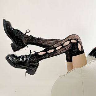 2023 New Handmade Hollow Flocking Bow Lace Thigh Socks Vintage Casual Slimming Over-the-knee Shallow Socks for Women
