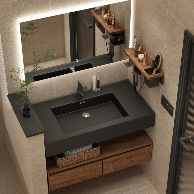 Nordic Black Walnut Color Bathroom Cabinet Bathroom Sink Japanese Style Wash Sink Rock Integrated Wash Basin Hotel Nordic Black Walnut Color Bathroom Cabinet Bathroom Sink Japanese Style Wash Sink Rock Integrated Wash Basin Hotel