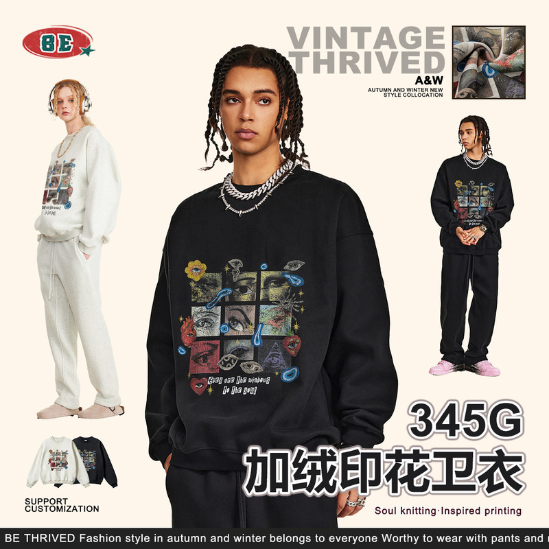 BE Men's Wear | Autumn 2025 American Retro Rainbow Jiugongge fleece-lined Jacket Couple Shoulder Crewneck Wei Yi Men