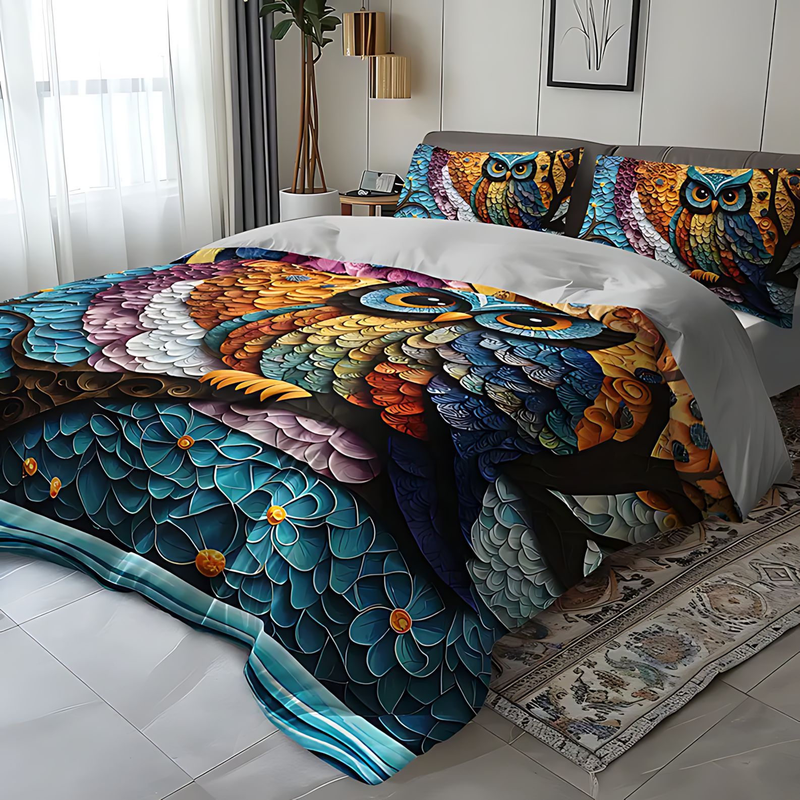 TEMU / JIT abrasión colchón colchón conjunto lindo búho impresión digital 3D ropa de cama exclusiva para el comercio exterior