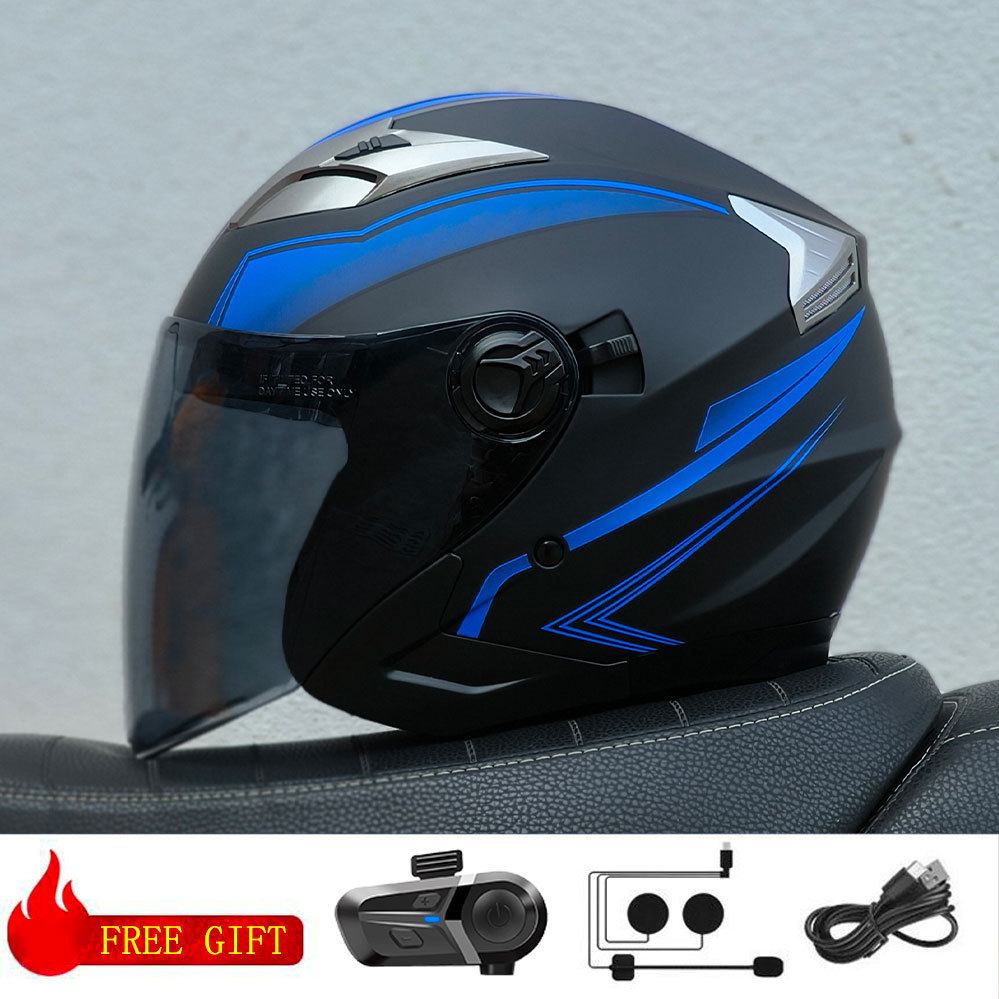 Motosiklet kaskı (dəbilqə) — Motuoche Helmet 3/4 Half - blue-line-tea-visor-with-bluetooth-m57-58