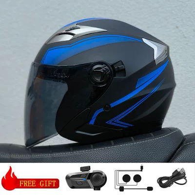 Motosiklet kaskı (dəbilqə) — Dual Lens Cycling Helmet - blue-line-brown-lens-with-bluetooth-m57-58