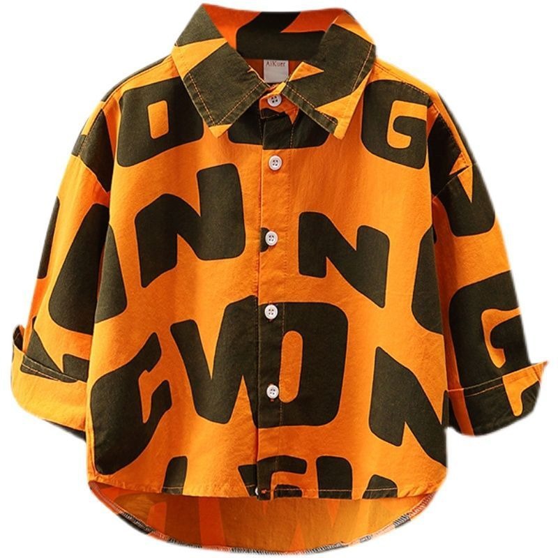Camisa de los muchachos de manga larga primavera y otoño 2023 nuevo medio y niños grandes guapo carta cardigan delgada capa de Otoño de moda superior