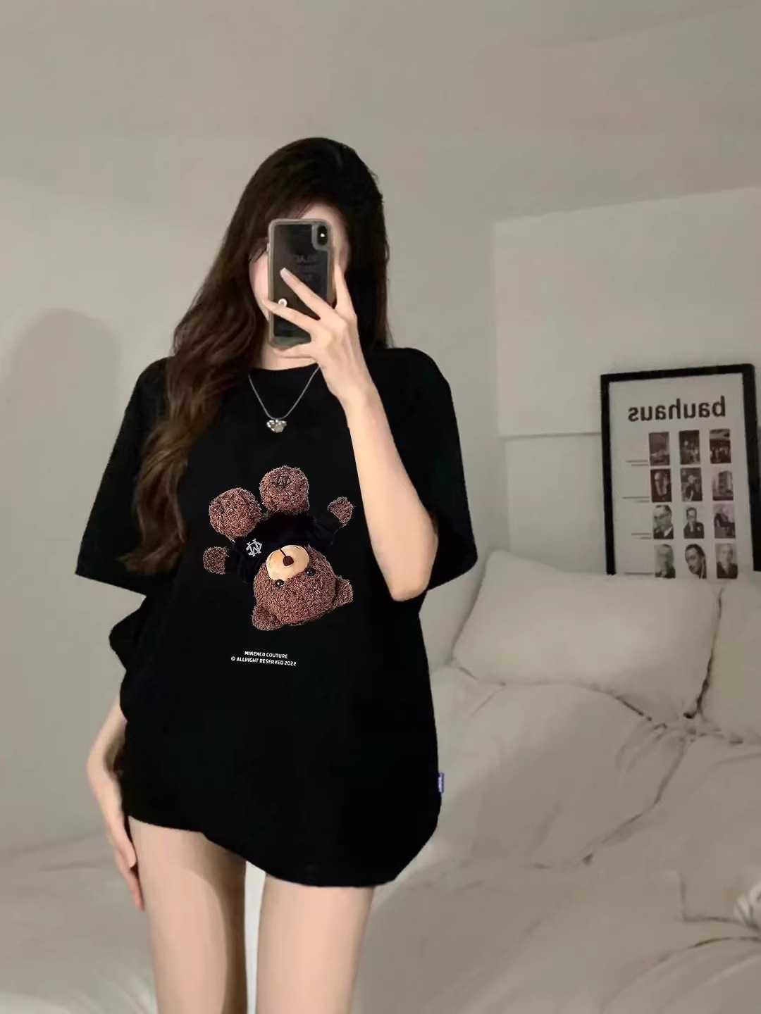Extra Large Size 100kg Retro Street Style Bear Short-Sleeve T-Shirt for Women, Spring and Summer Loose Casual Pure Cotton Half-Sleeve Top Trendy