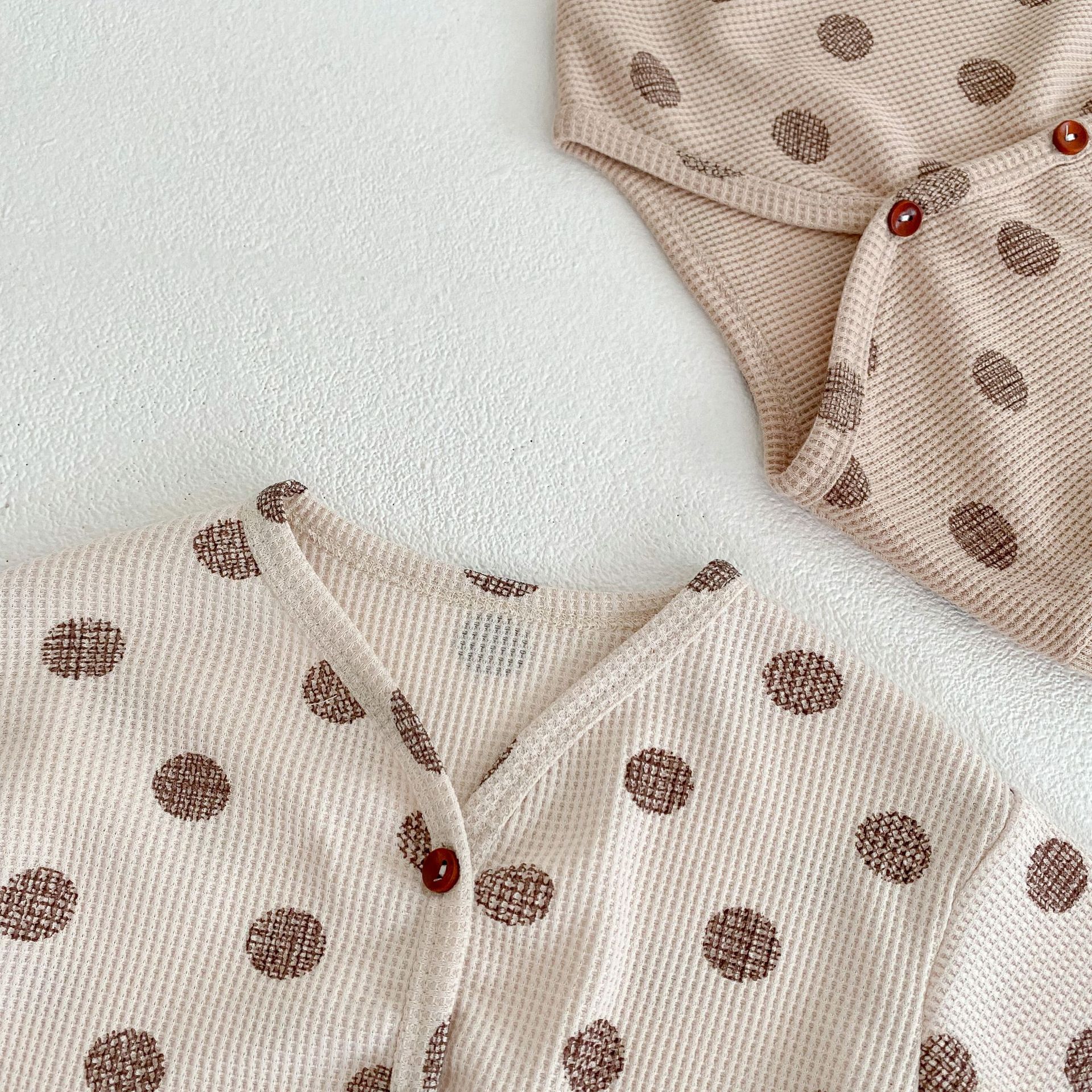 INS2024 Herfst Wafel Dot Print Set voor Jongens Meisjes Baby Top en Broek, Tweedelige Huiskleding_voghion.com