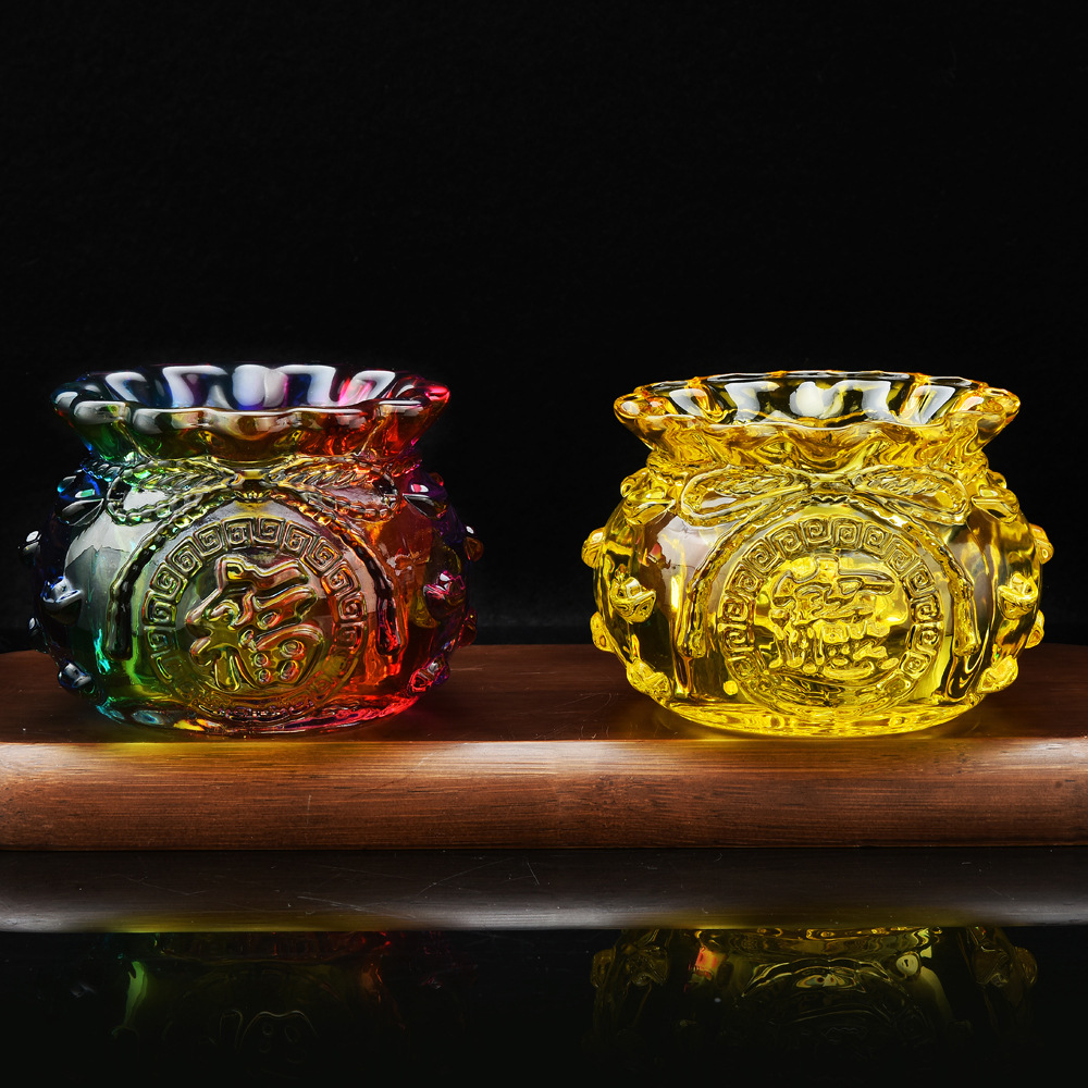 厂家直供黄水晶福袋摆件元客厅家居摆乔迁玻璃工艺品水晶聚宝盆