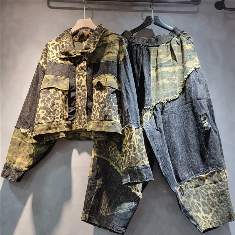 Shaxsiy qarshi rangga leopard denim uzun qo'lli ko'ylak harem shim kostumi