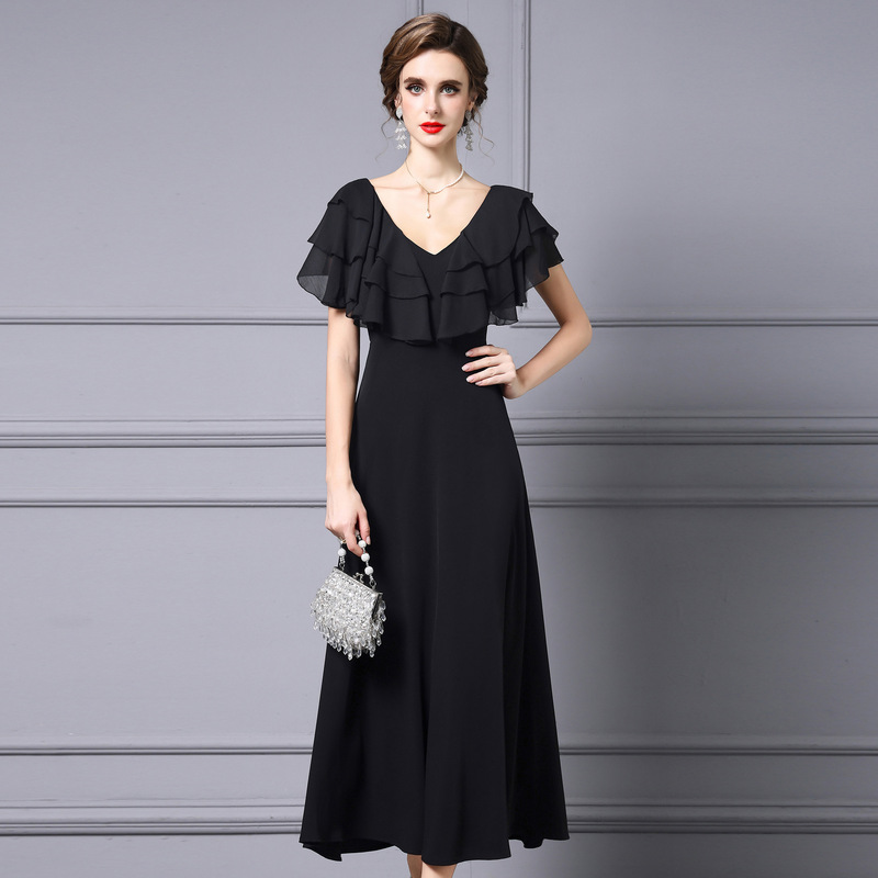 Zhili Elegant Dress for Important Occasions, Summer Women's 2026 New Style, Sheer Fabric, Deep V-Neck, Ruffled Black Long Dress