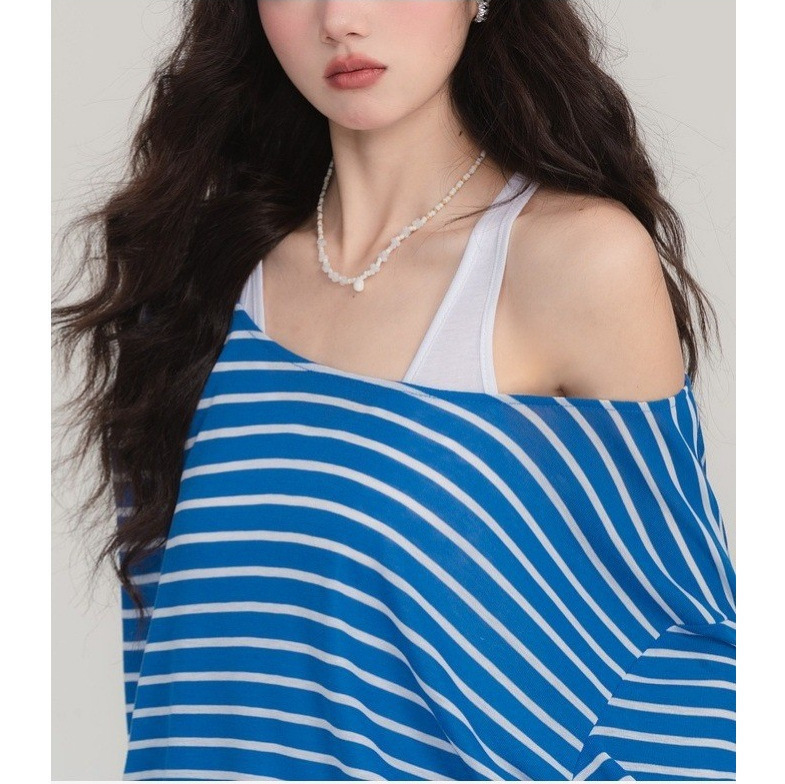 Love Blue Stripesd Off-Shoulder Long-Sleeved T-Shirt Women's Summer New Layered Vest Two-Piece Top