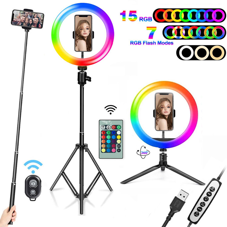 Cross border ringlight10 inch rgb Trill led mobile phone selfie Beauty live broadcast Fill Light Ring light tripod