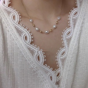 Small Gold Bean Copper Plated 14K Gold Injection Clavicle Chain Natural Freshwater Baroque Pearl ins Sense Niche Necklace for Women