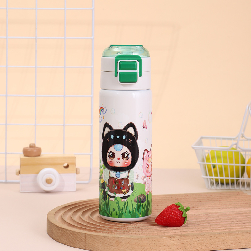 人気の漫画 Labubu ストローダブルドリンクカップバウンスポータブル子供用魔法瓶カップ屋外付属スポーツウォーターカップ|undefined