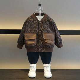 2026长袖薄款儿童豹纹外套男女通用棒球服双口袋时髦洋气复古夹克