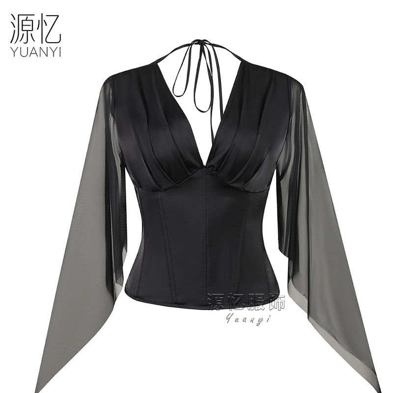 Cross-border new fishbone corset top for women, featuring a satin mesh design, halter neck, long sleeves, and a fishbone bodice, perfect for Halloween and creating a sexy look