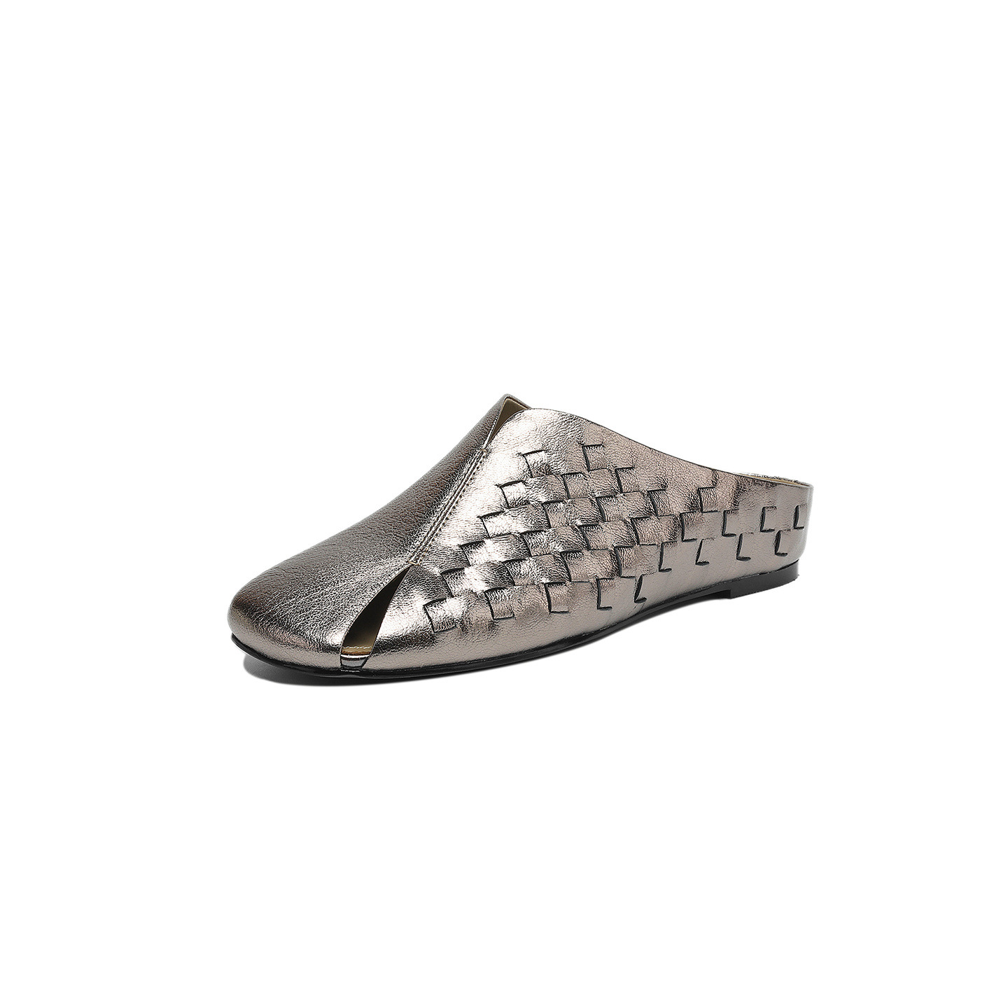 Dép sandal nữ da dê mũi kín đế xuồng bệt dệt — đen
