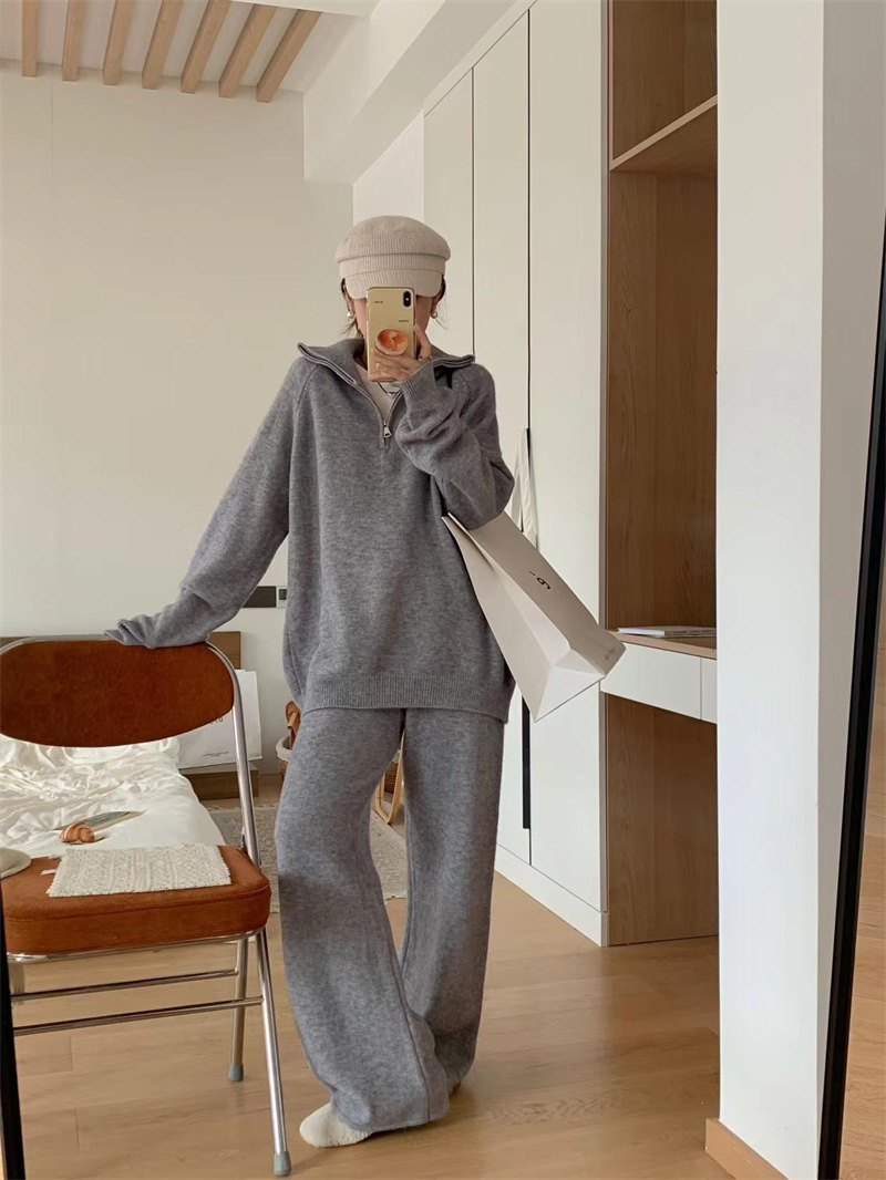 Women’s Korean Style Knit Sweater & Wide Leg Pants Set – Lapel Half-Zip Lounge Suit (One Size, 6 Colors)_voghion.com