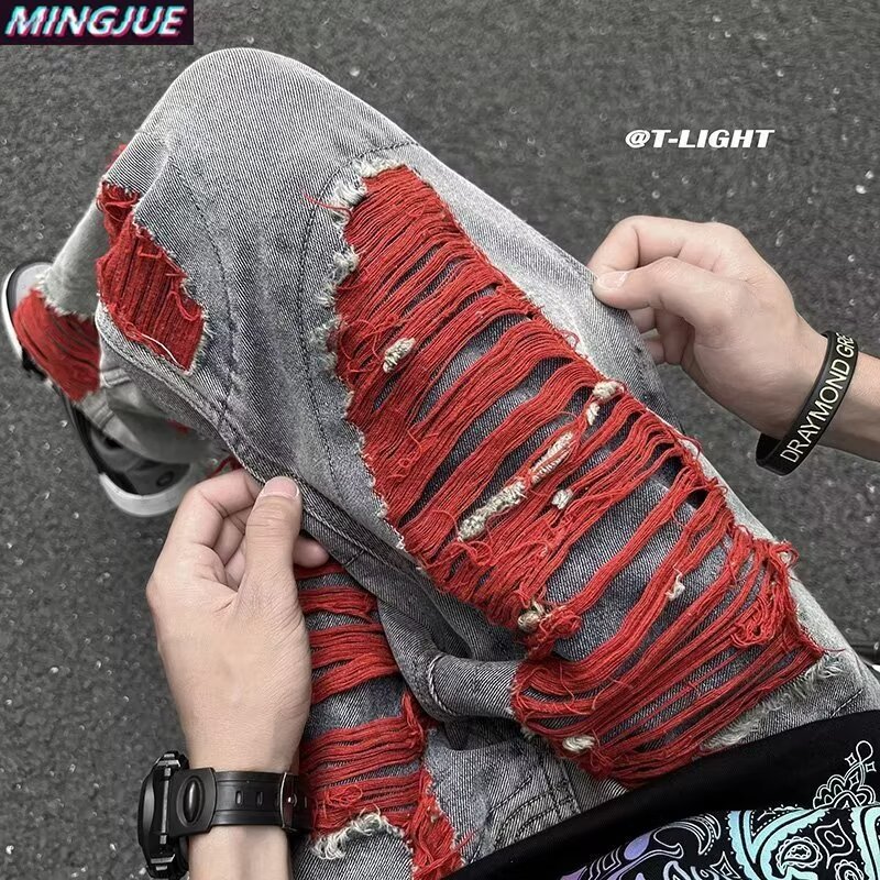 boy Cross-Border Green Ripped Jeans Men's Spring Autumn Trendy Brand European And American High Street Frayed Edge_viptrois.com