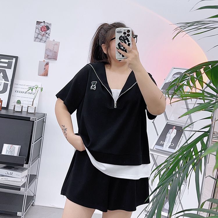 chubby girl extra large size 300kg short sleeve shorts two-piece women's summer chubby girl slimming loose leisure sports suit