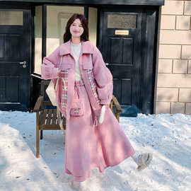 粉色设计感超好看夹棉毛呢套装女2025冬格纹拼接外套阔腿裤两件套