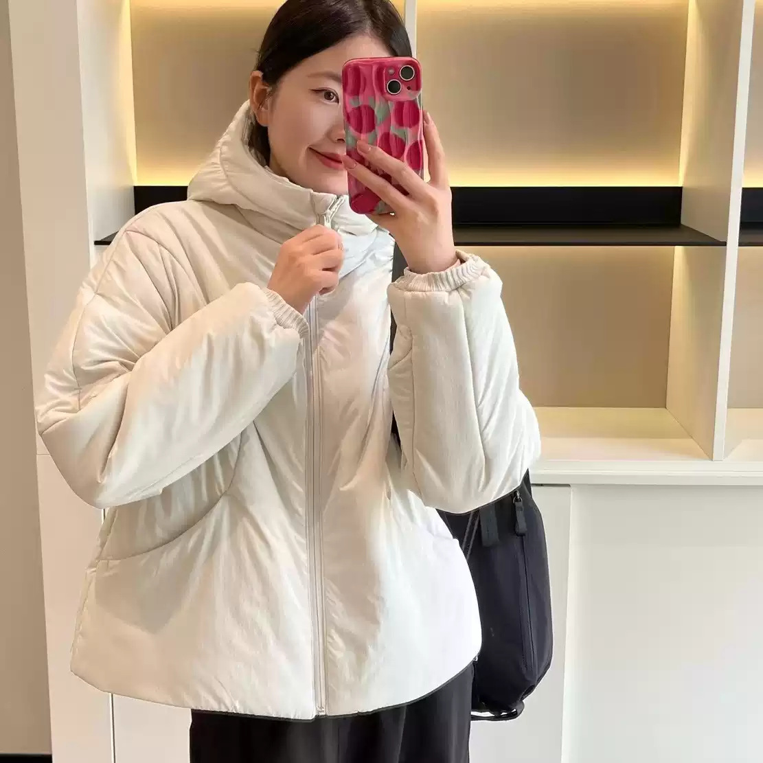 L*U same style puffer cotton jacket for women, autumn and winter windproof hooded P cotton coat, casual slim-fit warm short cotton coat