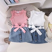 Children's clothing亚马逊跨境女童坑条背心+牛仔短裙欧美新款