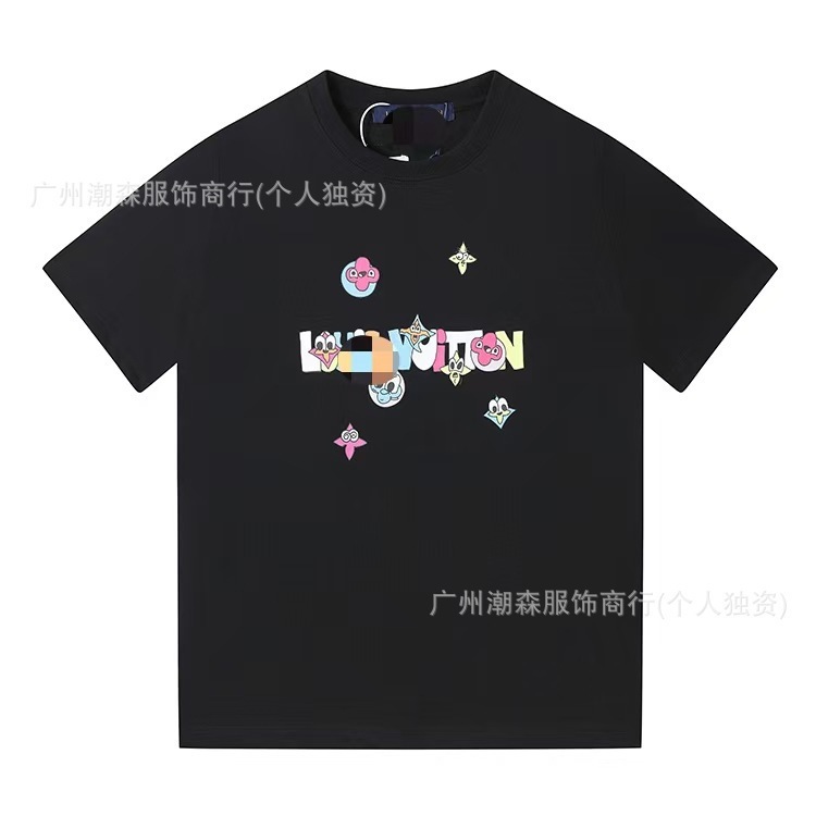 跨境奢潮高品质满印花L字母短袖潮牌外贸欧货驴家圆领男女宽松T恤|undefined