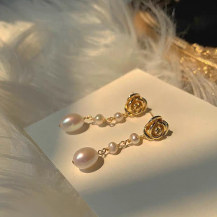 Natural freshwater pearl rose flower pearl earrings fashionable tassel pearl earrings ready for collection jewelry wholesale