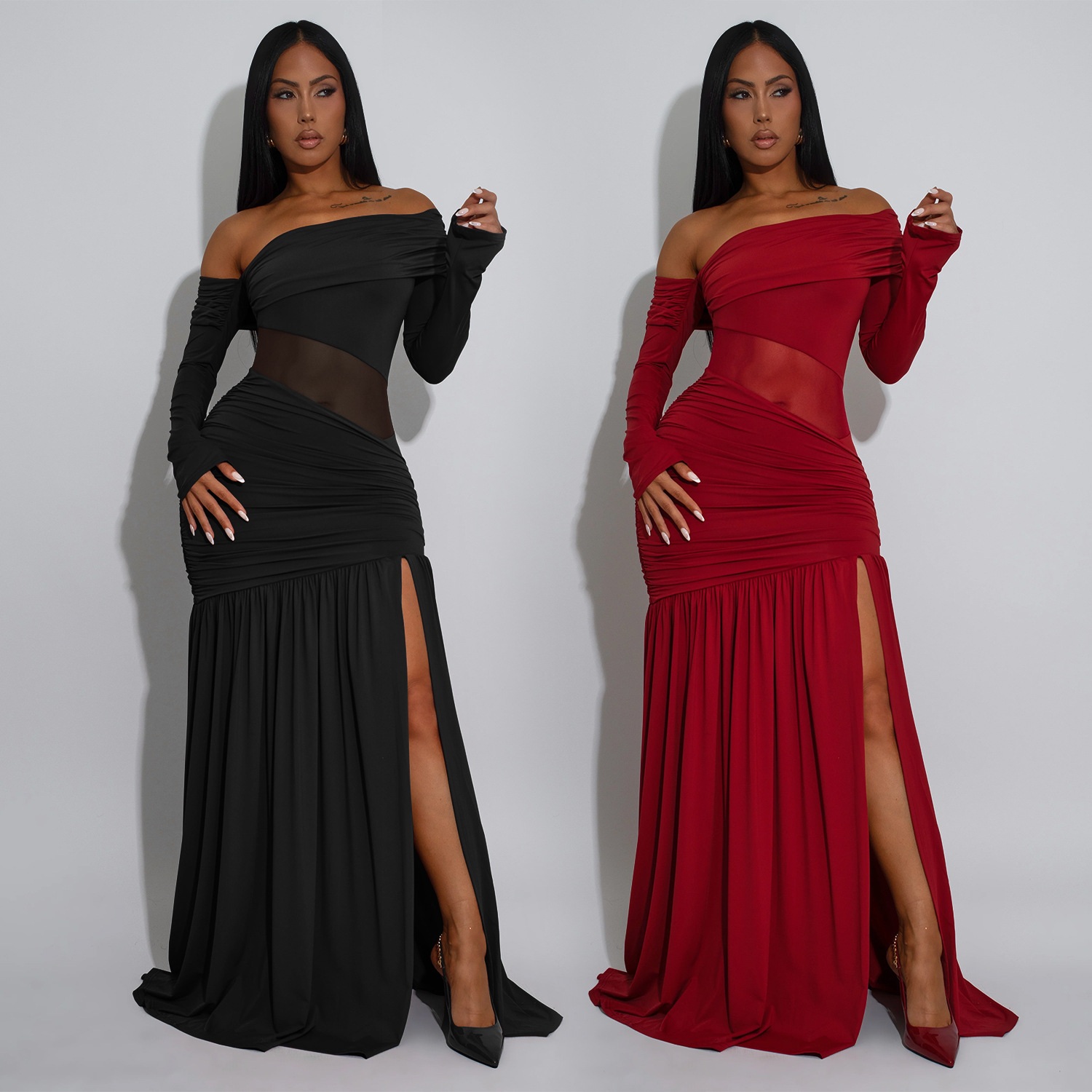 C7561 Aliexpress transfronterizo amazon moda europea y americana sexy vestido de mujer con un pecho transparente para la cena image 1