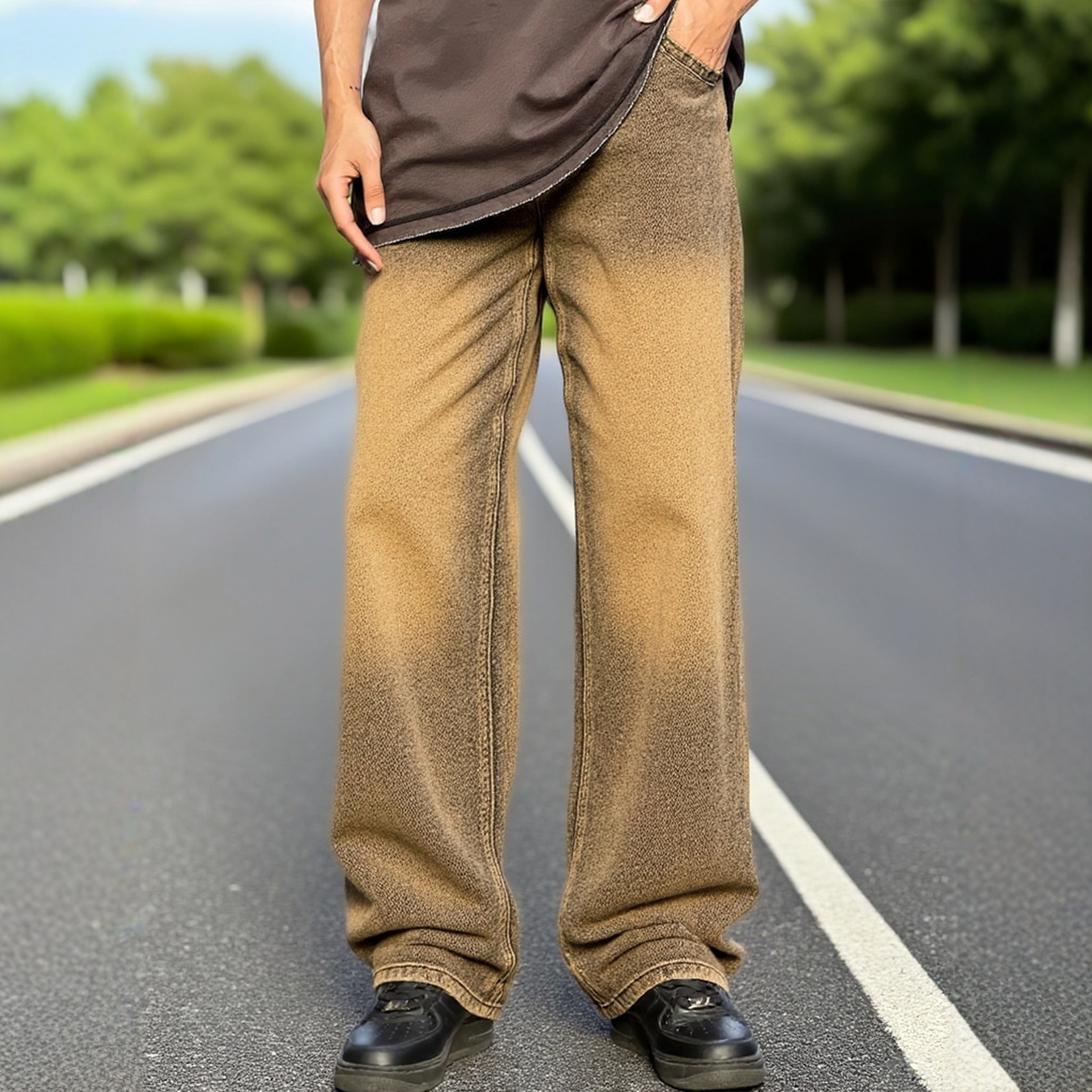 Pantaloni casual da uomo in stile coreano, a gamba dritta e ampia, in poliestere di peso medio, alla moda e adatti a tutte le stagioni._voghion.com