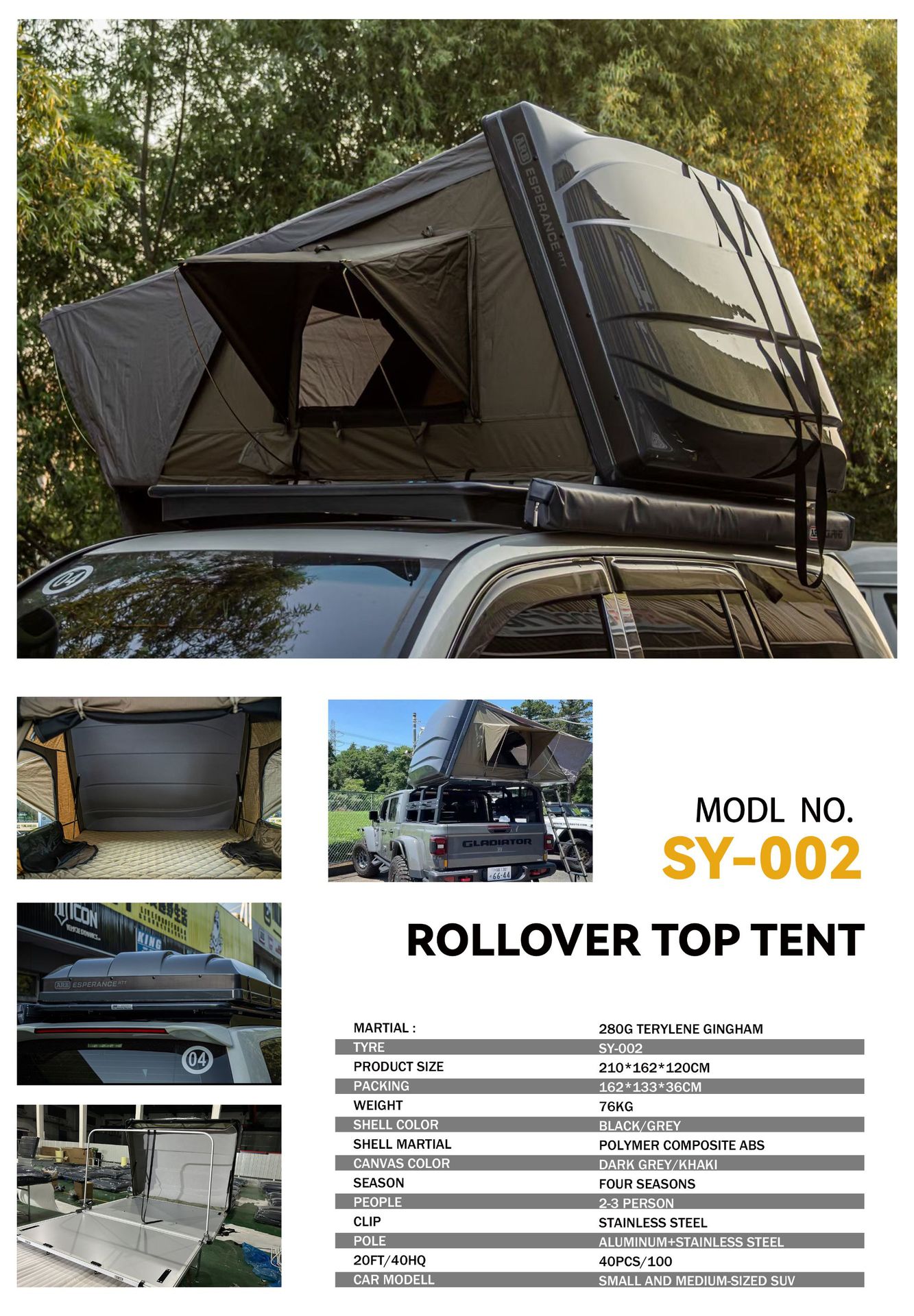 ABS hard-top car tent with lights, quick-open hard shell, windproof and waterproof 1.6m wide tent
