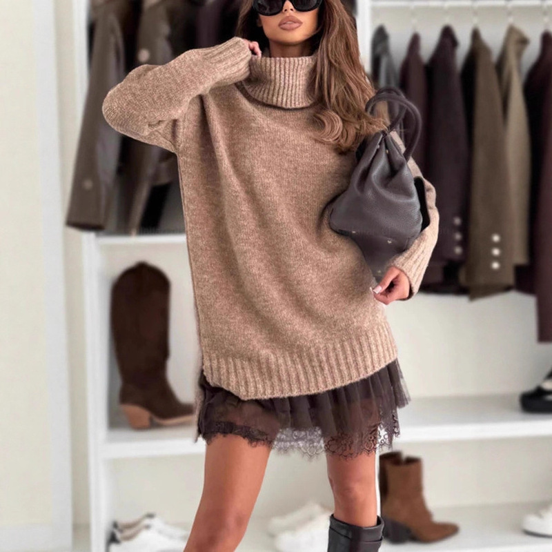 2025 Cross-Border Foreign Trade Women's Clothing Independent Website Amazon New Winter Solid Color Woolen Top + Dress Set