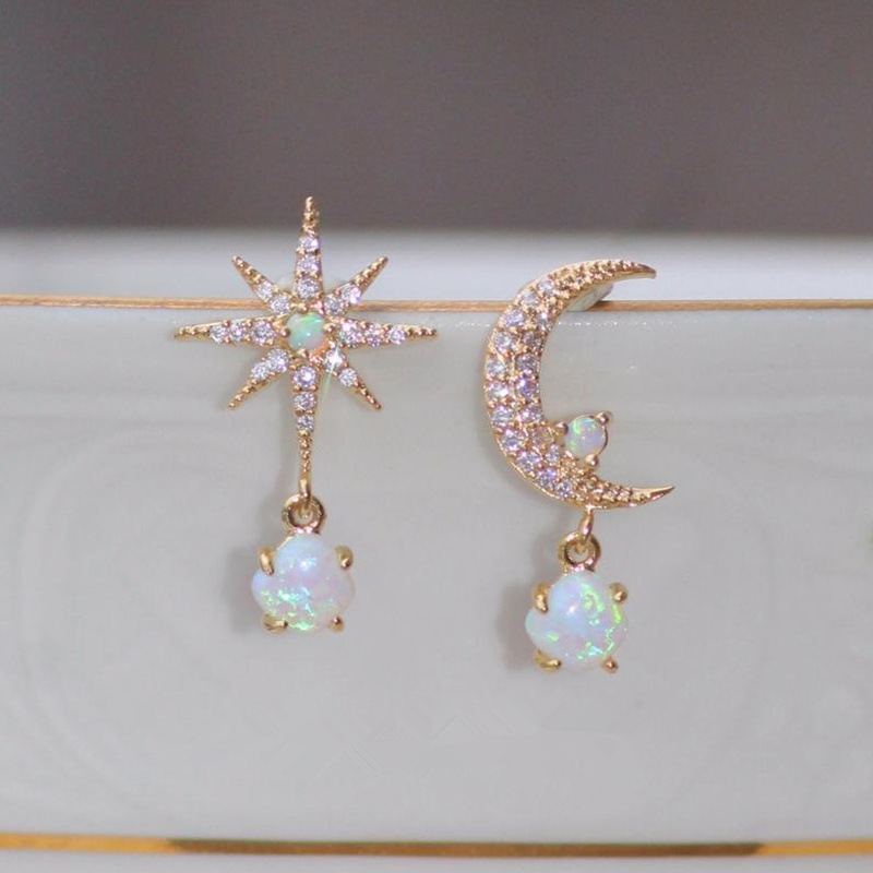 1 Pair Fashion Star Moon Alloy Asymmetrical Plating Inlay Opal Zircon Women's Drop Earrings display picture 2