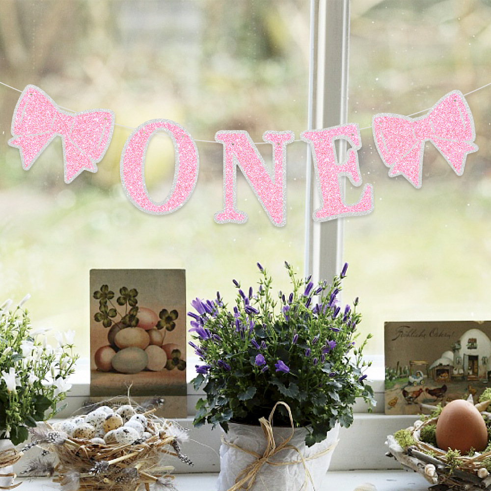 Nuevo cumpleaños transfronterizo ONE bandera de tracción arco rosa fiesta de cumpleaños decoración banner pastel gran tarjeta