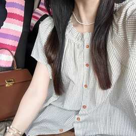 韩系小个子chic条纹小飞袖衬衫女夏季小众设计感外穿复古衬衣开衫