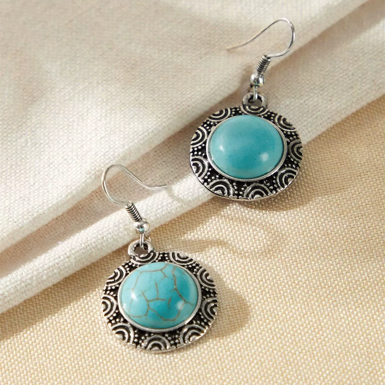 Горячие продажи моды ретро Европа и США круглые бирюзовые серьги