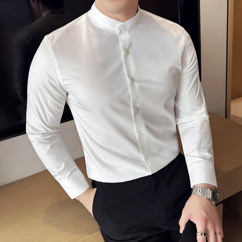New Chinese-style stand-up collar shirt for men, long-sleeved, high-quality casual business formal shirt, wrinkle-free and non-iron business shirt New Chinese-style stand-up collar shirt for men, long-sleeved, high-quality casual business formal shirt, wrinkle-free and non-iron business shirt