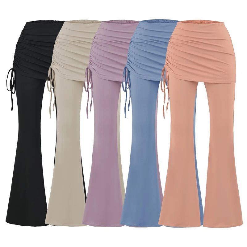 American Retro Style Side Drawstring Flared Pants for Women, Running Training Fitness Pants, High-Waisted Yoga Pants, Faux Two-Piece Long Pants
