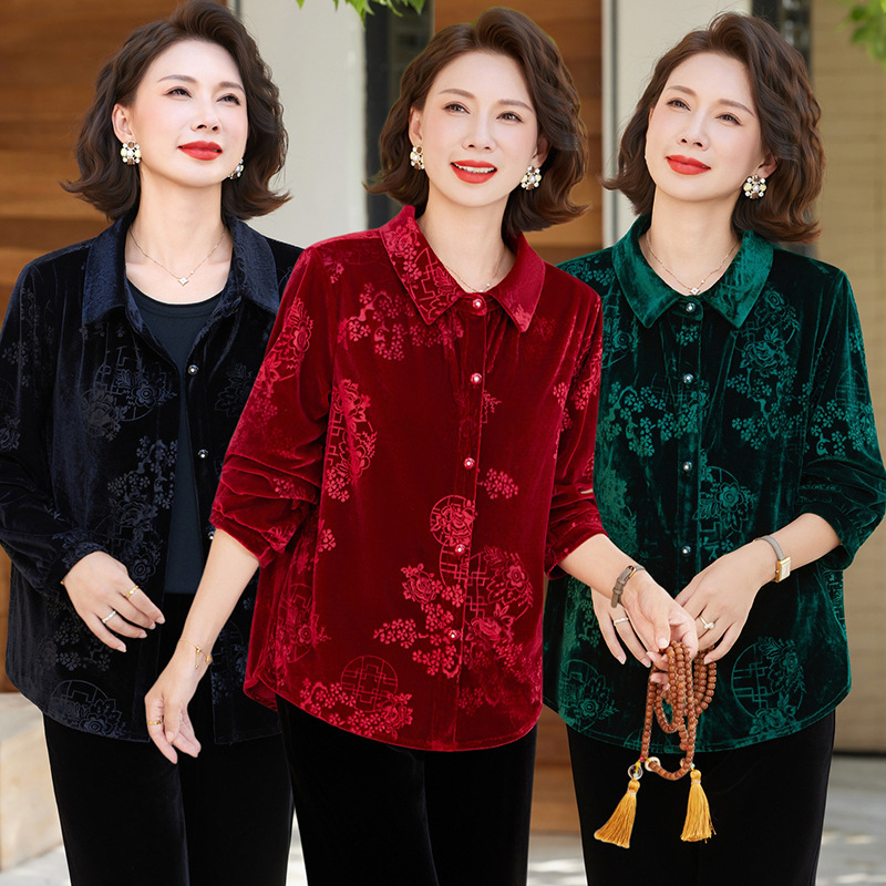 Middle-Aged and Elderly Women's Autumn New Velvet Jacquard Long-Sleeve Shirt with a Turn-Down Collar, Middle-Aged Spring and Autumn Short Jacket Top