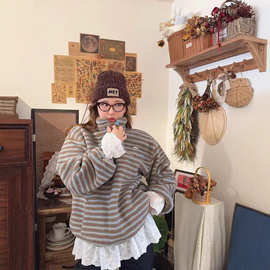 韩国东大门2025冬季新款宽松复古条纹保暖羊羔毛半开扣加厚卫衣女