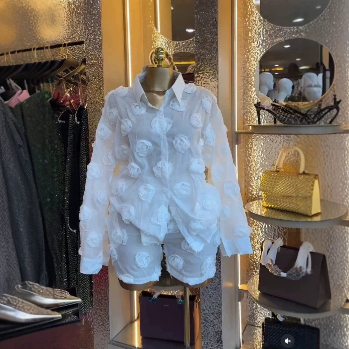 In-Stock 2026 European and American Cross-Border Ins Women's Summer Rose Floral Organza Long-Sleeve Shirt and Shorts Casual 2-Piece Set In-Stock 2026 European and American Cross-Border Ins Women's Summer Rose Floral Organza Long-Sleeve Shirt and Shorts Casual 2-Piece Set