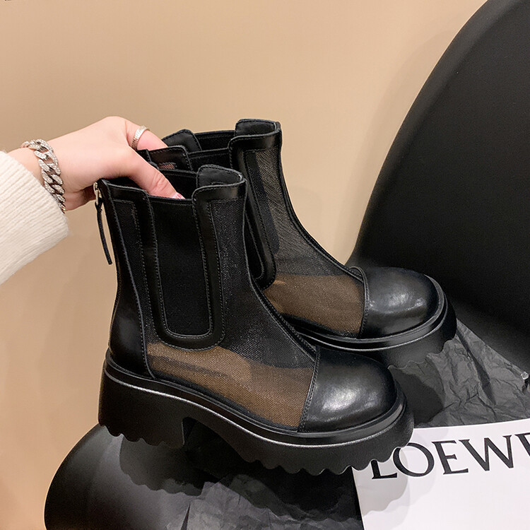 Boot ngắn nữ da bò mũi tròn đế dày thoáng khí khóa kéo sau — Màu đen, Màu mơ chi tiết 112