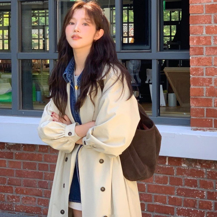 韩版复古慵懒风翻领双排扣系带收腰长袖过膝长款风衣外套女88455|undefined