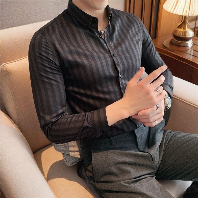 条纹衬衫长袖韩版修身英伦商务男士竹纤维休闲寸衫潮流帅气衬衣