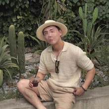 羊毛混纺意奢老钱镂空弹力毛衣翻领针织polo衫短袖