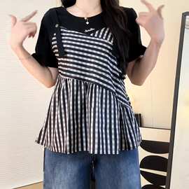 大码女装遮肚子假两件条纹小衫夏季胖mm显瘦遮肉洋气百搭短袖上衣