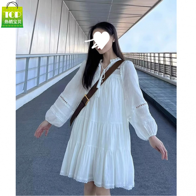 2025 New White Puff Sleeve Shirt Dress Coat for Women, Spring and Autumn Student Long-Sleeve Mid-Length Dress