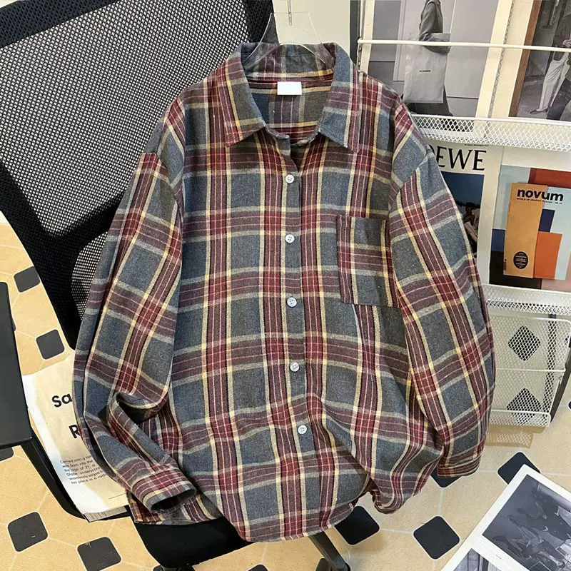 欧美风格纹复古风百搭休闲翻领长袖外套开衫衬衣女Cardigan shirt